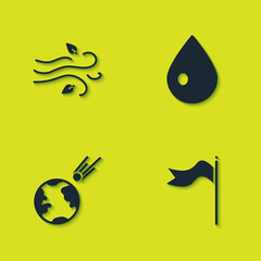 Set Wind, Meteorology windsock wind vane, Comet falling down fast and Water drop icon. Vector