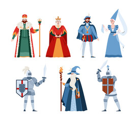Middle ages fairy tale people characters, flat vector illustration isolated.