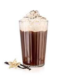 Glass of tasty coffee with vanilla on white background