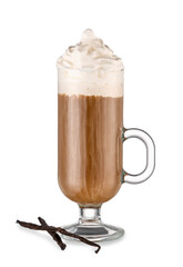 Glass cup of tasty coffee with vanilla on white background