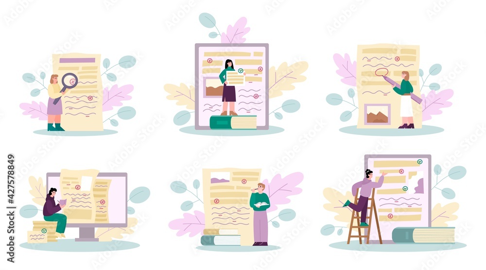 Wall mural Document revision and grammar editor set, cartoon vector illustration isolated.