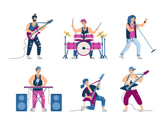 Rock musicians playing musical instruments, flat vector illustration isolated.
