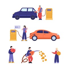 Naklejka premium Car fuel economy and gasoline expense set, flat vector illustration isolated.