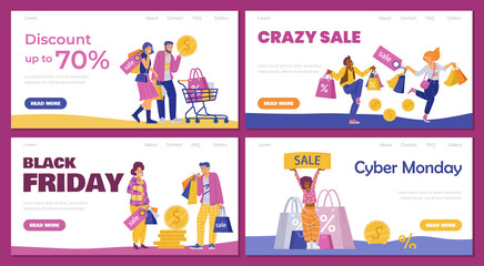 Fototapeta premium Sale and discount web banners set with happy buyers, flat vector illustration.