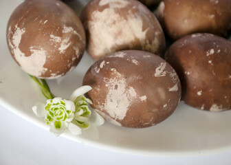 Easter eggs on a plate, European Easter with traditional decoration eggs, easter eggs decorated with natural fresh leaves and boiled in onions peels and blueberry berries