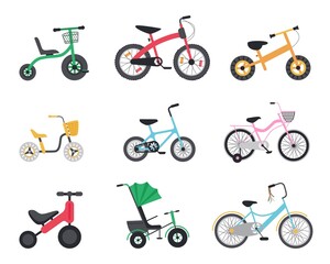Set of children bikes of side view, flat cartoon vector illustration isolated.