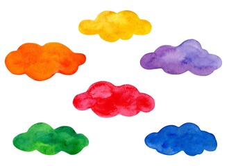 Hand drawn  colorful clouds watercolor illustration. Isolated on white background. Rainbow colors yellow cloud, orange, purple, red, green, blue.