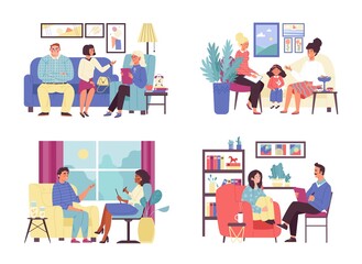 Individual and family psychotherapy cartoon vector illustration isolated.