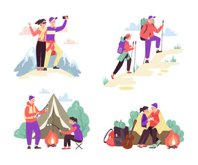 Outdoor recreation set with hiking couples, flat vector illustration isolated.