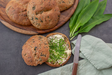 home made whole grain buns with wild garlic