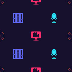 Fototapeta premium Set Microphone, Sound mixer controller, Camera and location and Old film movie countdown frame on seamless pattern. Vector
