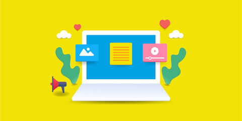 Content marketing success, promoting branded content on social media internet communication concept. 3d style web illustration.