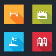Fototapeta premium Set Capilano Suspension Bridge, Canadian lake, Lighthouse and House icon. Vector