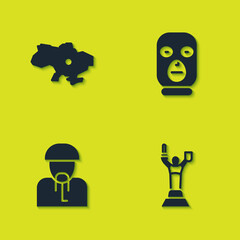 Set Map of Ukraine, Mother Motherland monument, Ukrainian cossack and Thief mask icon. Vector