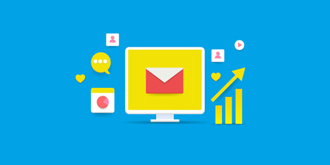 Email marketing and advertising data, information. Email analytics software application. Business email on computer screen with other marketing elements.