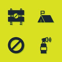 Set Road barrier, Air horn, Ban and Protest camp icon. Vector
