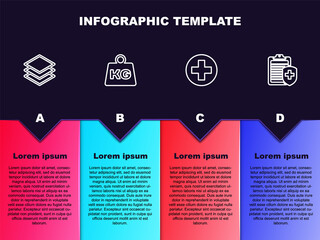 Set line Layers, Weight, Medical cross in circle and Clipboard with medical insurance. Business infographic template. Vector