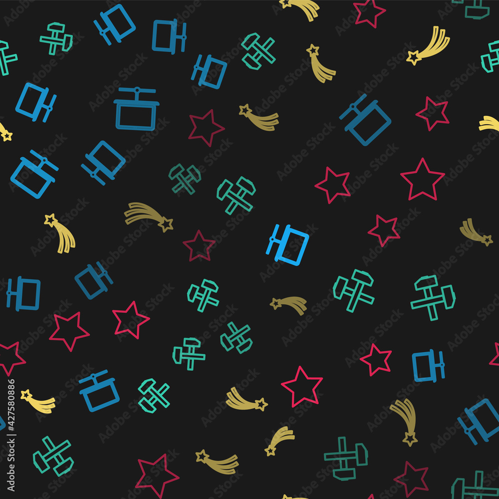 Aufkleber set line computer network, two crossed hammers, falling star and star on seamless pattern. vector
