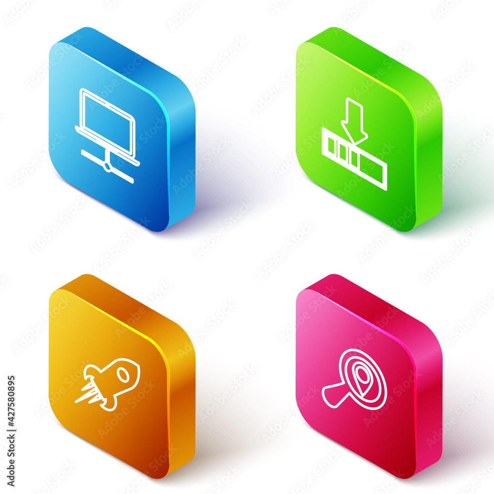 Poster set isometric line computer network, loading, rocket ship with fire and search location icon. vector
