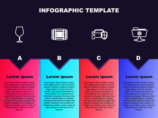 Set line Wine glass, Wooden barrel for wine, Car protection insurance and FTP settings folder. Business infographic template. Vector