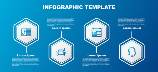 Set line Music book with note, Electric car, Calendar and Headphones microphone. Business infographic template. Vector