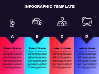 Set line Wine bottle with glass, Electric car, Hierarchy organogram chart and FTP folder download. Business infographic template. Vector