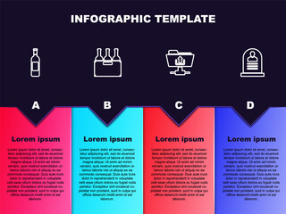 Set line Bottle of wine, Bottles box, FTP folder upload and Tombstone with RIP written. Business infographic template. Vector