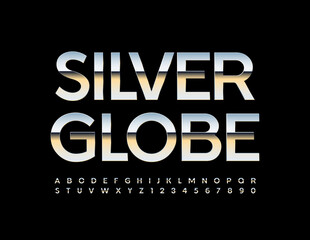 Vector luxury concept Silver Globe. Shiny metallic Font. Platinum Alphabet Letters and Numbers set