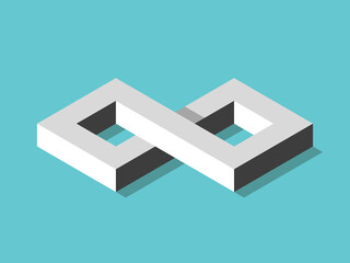 Isometric white infinity sign on turquoise blue background. Process, eternity, time, mathematics and philosophy concept. Flat design. EPS 8 vector illustration, no transparency, no gradients