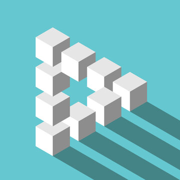 Isometric Penrose triangle on turquoise blue. Confusion, impossibility, optical illusion and infinity concept. Flat design. EPS 8 vector illustration, no transparency, no gradients