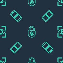 Set line Money lock, Mobile and password and Eye scan on seamless pattern. Vector