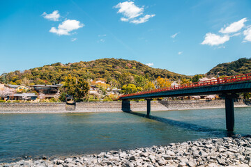 Uji town and river at spring in Kyoto, Japan