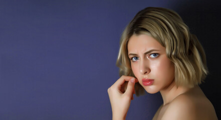 Closeup pretty portrait an angry discontented young woman with finger on lips against dark background. Female shows emotion annoying actress. Concept of adversity and irritation. Copy space for site