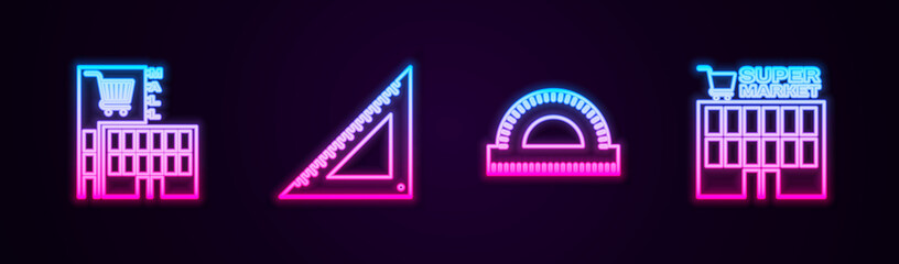 Set line Mall or supermarket building, Triangular ruler, Protractor grid and Supermarket. Glowing neon icon. Vector