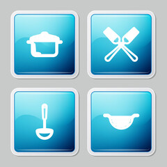 Set line Cooking pot, Crossed fork, Kitchen ladle and colander icon. Vector