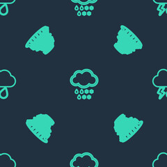 Set line Cloud with snow and rain, Tornado and lightning on seamless pattern. Vector
