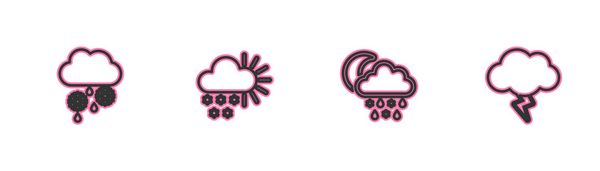 Set line Cloud with snow and rain, snow, rain, moon, Cloudy and Storm icon. Vector