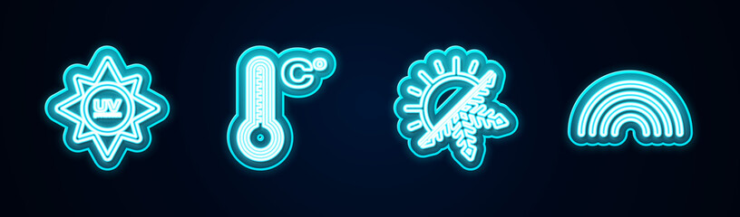 Set line UV protection, Meteorology thermometer, Sun and snowflake and Rainbow. Glowing neon icon. Vector