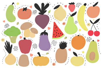 Hand drawn fruits and vegetables set. Healthy food collection. Vector illustration on white background. Bananas, avocado, watermelon, pear, cherries, peach, orange, eggplant, pineapple, tomato, apple.