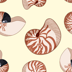 Nautilus shells colorful doodles seamless pattern. Background template of stock sea shells for wrapping design, wallpaper. Repeatable texture tile