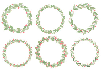 Floral decorative green circle frames collection. Vintage wreath design. Vector illustration set