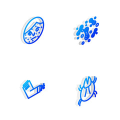 Set Isometric line Bacteria, Face with psoriasis or eczema, Inhaler and Parasite mite icon. Vector