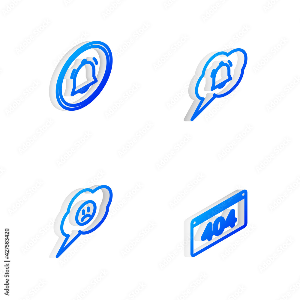 Poster set isometric line speech bubble chat notification, button, with sad smile and page 404 error icon. 