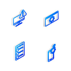 Set Isometric line Setting, Monitor with exclamation mark, Create account screen mobile and Mobile service icon. Vector