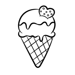 Ice cream waffle cone isolated on white background. Doodle style. Coloring book. Vector Illustration. 