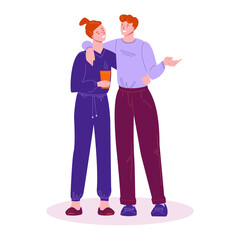 A girl with coffee and a young man hug, talk at a meeting. Vector illustration in flat cartoon style. Isolated on a white background.