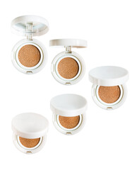 Obraz na płótnie Canvas Set of 5 Foundation cushion powder with various open lids. Cosmetic face powder isolated on white background