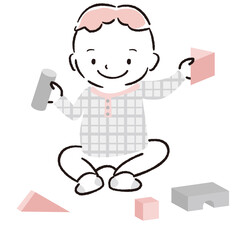 手描き1color　赤ちゃん　積み木で遊ぶ