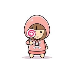 Kawaii illustration little girl holding a lollipop vector graphics