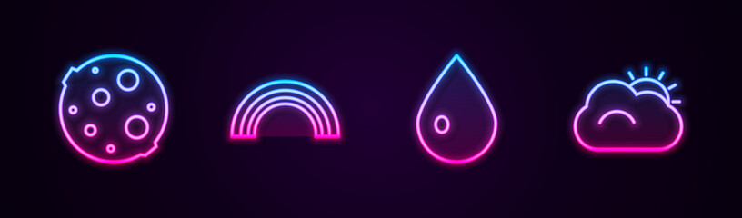 Set line Moon, Rainbow, Water drop and Sun and cloud. Glowing neon icon. Vector